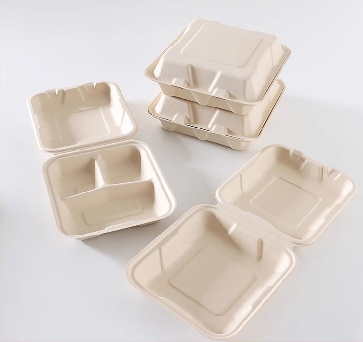 Sugarfiber 9 X 9" Compostable Clamshell Food Containers, 3 Compartment Clamshell Heavy-Duty Hinged Container, Disposable Bagasse Eco-Friendly Natural Takeout to go Box